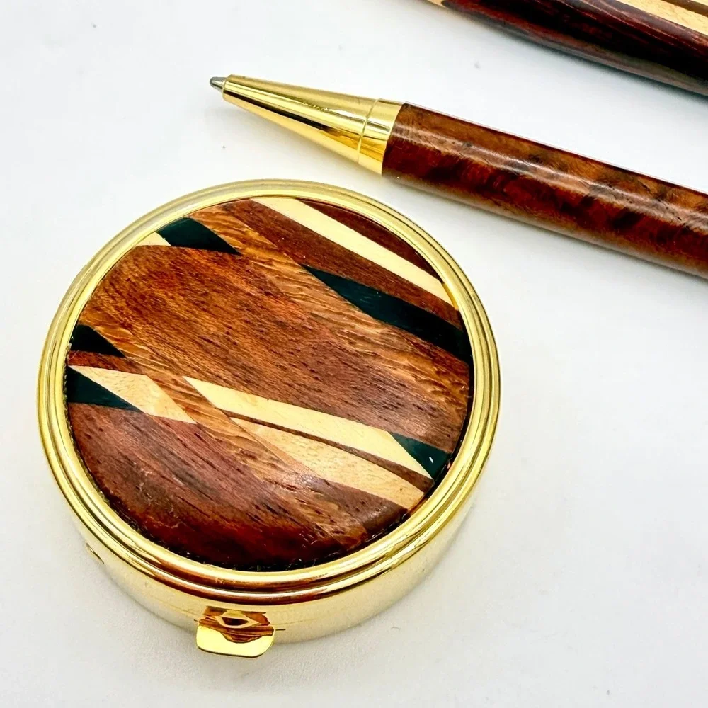 Davin‎ Kesler Wood Pen Pencil Pillbox Set Vintage Inlay Gold-Tone West Germany